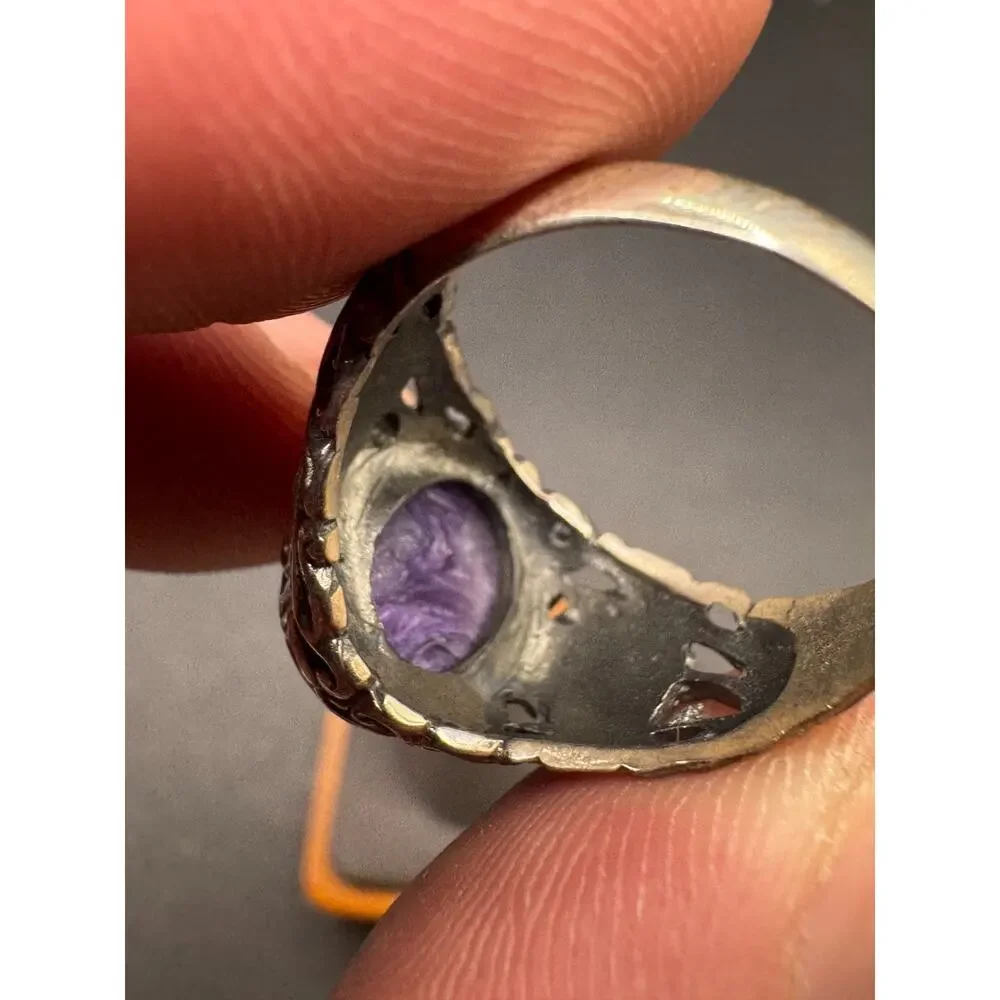 Vintage Sterling Silver 925 Charoite Ring Ornate Filigree Gothic Scroll Size 9.5